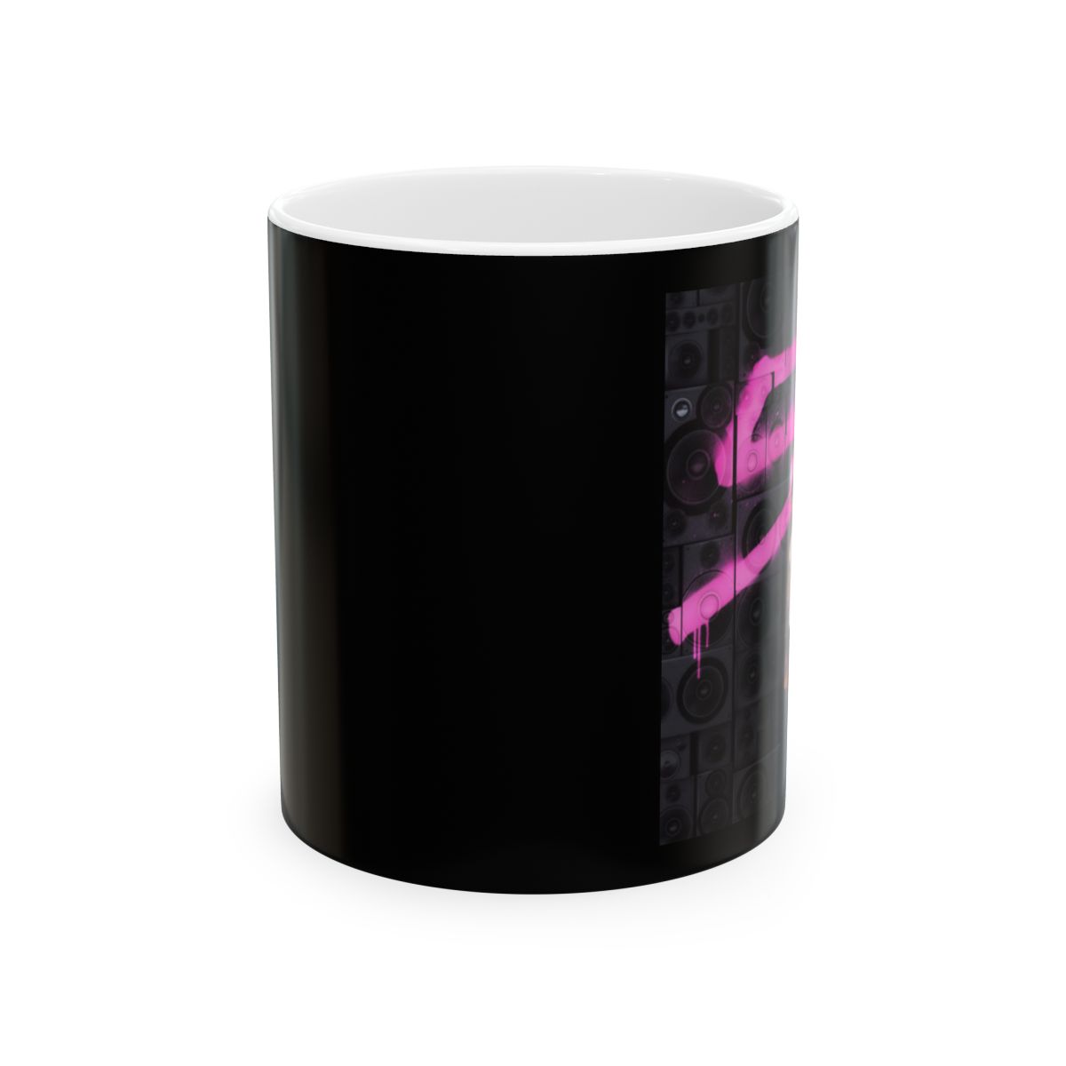 Pink Neon Graffiti Mug | Black Speaker Wall Background | Plaqueboymax - alternate angle 1, merchandise