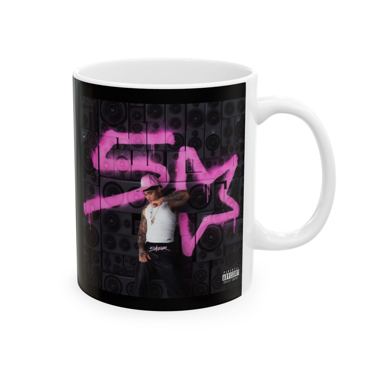 Pink Neon Graffiti Mug | Black Speaker Wall Background | Plaqueboymax